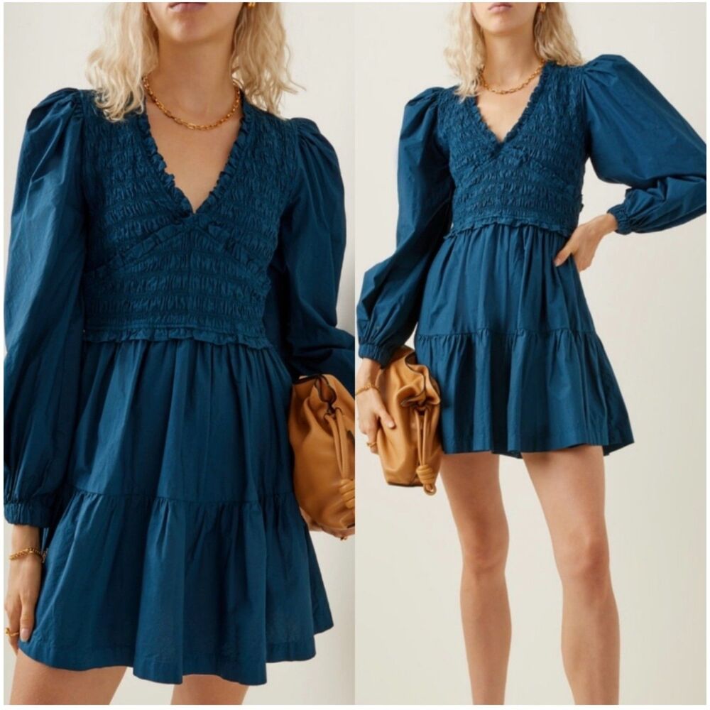 Sea NY Gaia Smocked Tiered Long Puff Sleeve Blue Mini Dress-Size 4